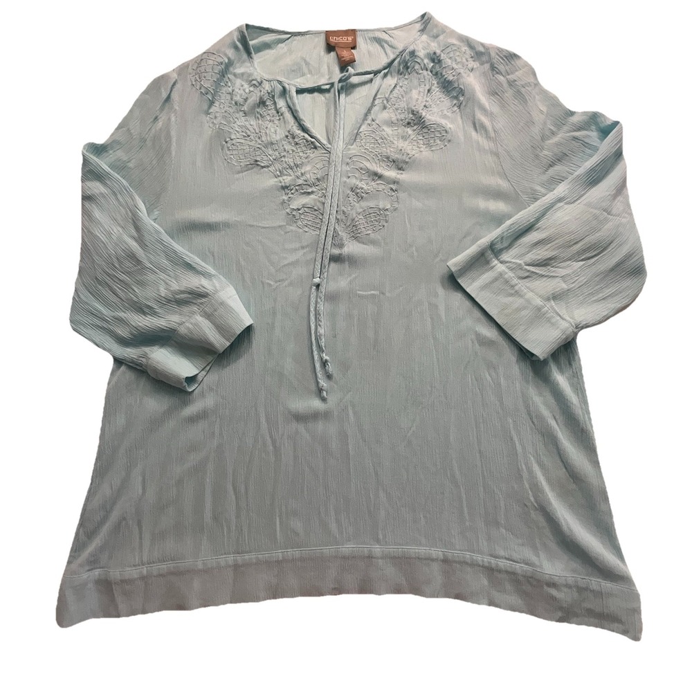 CHICO'S Teal Tonal‎ Embroidery Crinkle Blouse Shirt Top 1 US S 8 Peasant Boho